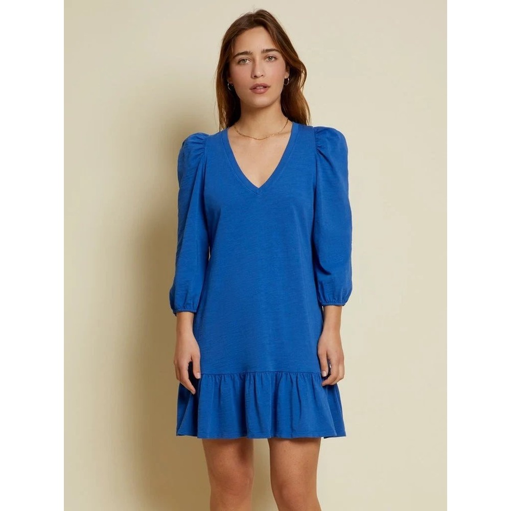 Nation LTD Danika Flounce Dress Blue V-Neck Puff Sleeve Cotton Mini Large